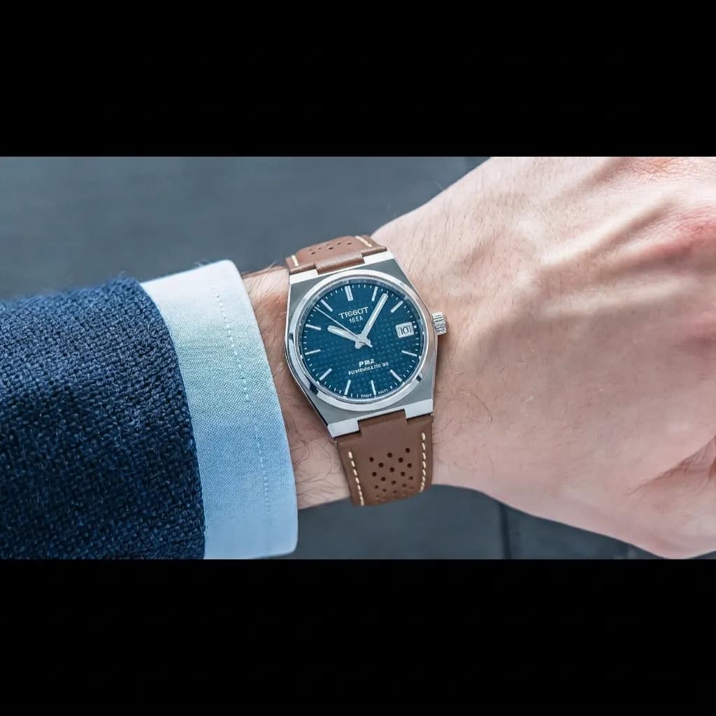 Tissot PRX Powermatic 80 on Perforated Leather Rally (Tan Stitching) strap