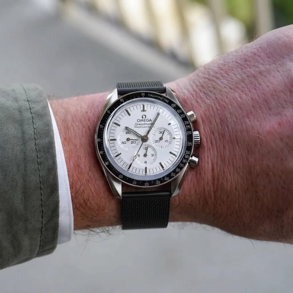 Omega Speedmaster Professional Moonwatch on Thin Milanese Mesh strap